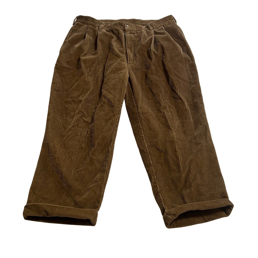Jos. A. Bank Mens Brown Corduroy Pleated Pants 38W 22L Wide Wale Cotton Cuffed